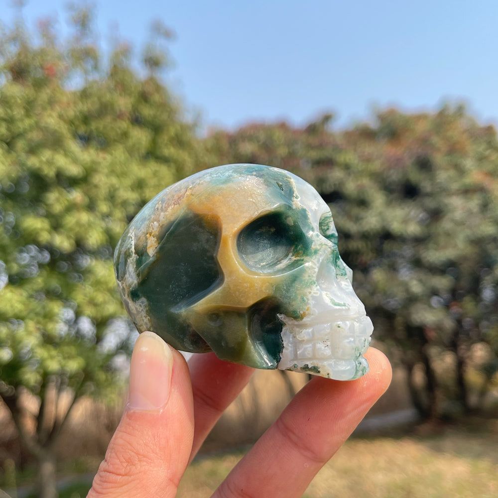 Unique,Natural Crystal Carving Moss Agate Skull