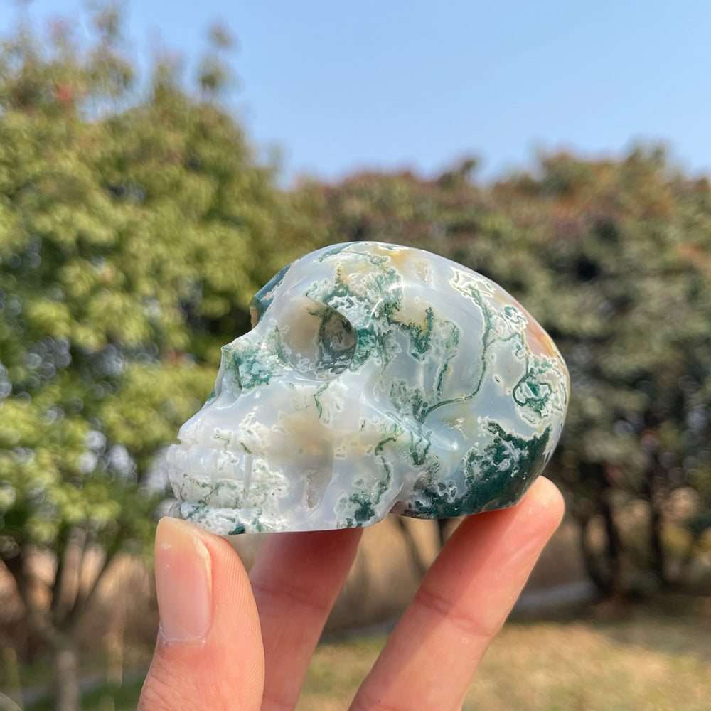 Unique,Natural Crystal Carving Moss Agate Skull