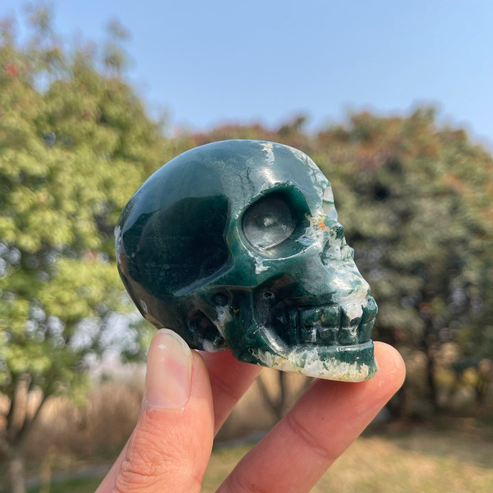 Unique,Natural Crystal Carving Moss Agate Skull