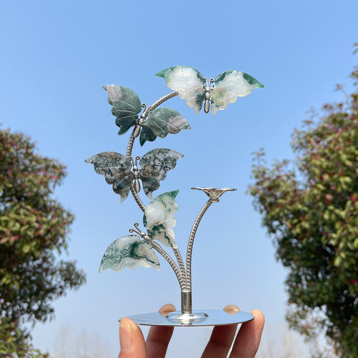Unique,Natural Crystal Moss Agate Butterfly Sphere Stand
