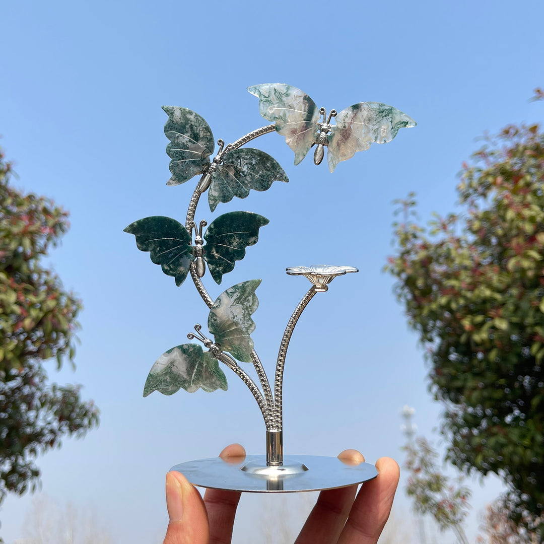 Unique,Natural Crystal Moss Agate Butterfly Sphere Stand