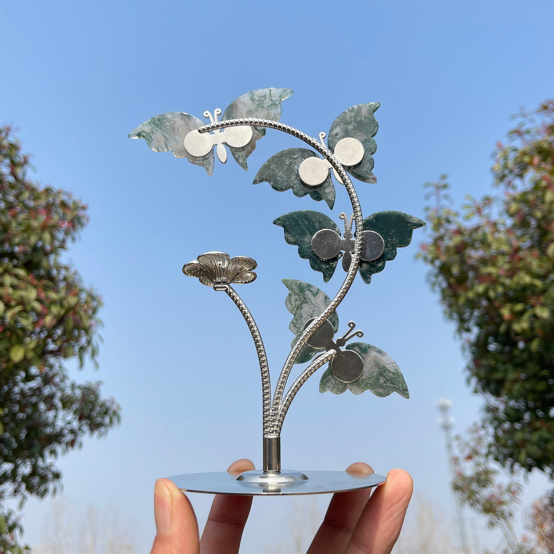 Unique,Natural Crystal Moss Agate Butterfly Sphere Stand