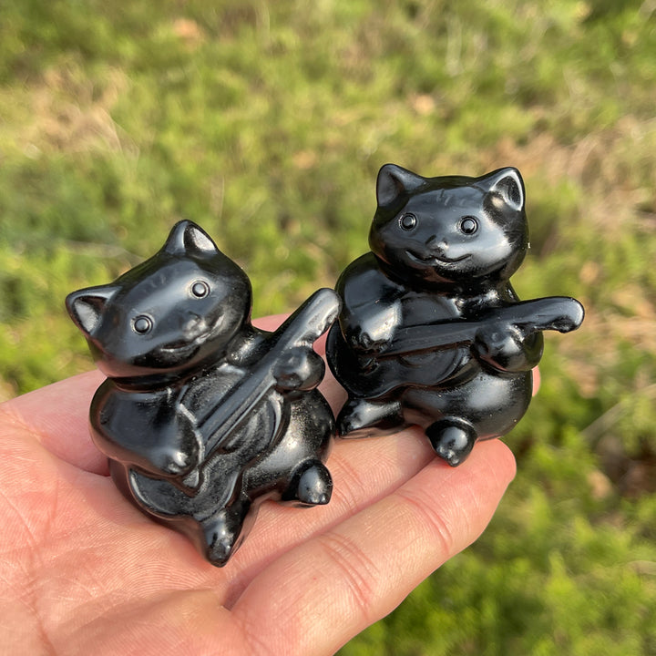 Natural Crystal Carved Black Obsidian Guitar Cat