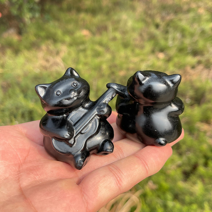 Natural Crystal Carved Black Obsidian Guitar Cat