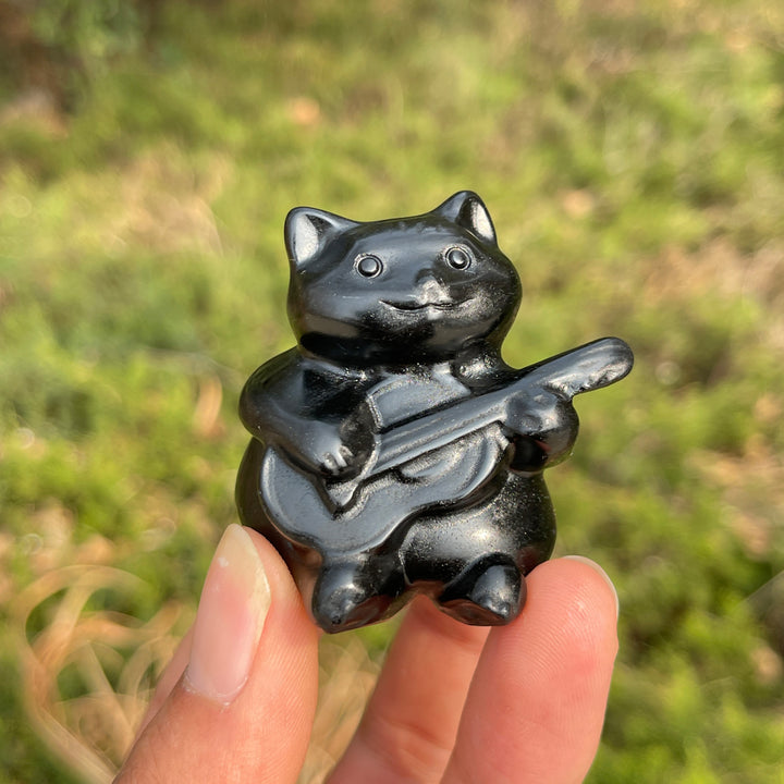 Natural Crystal Carved Black Obsidian Guitar Cat