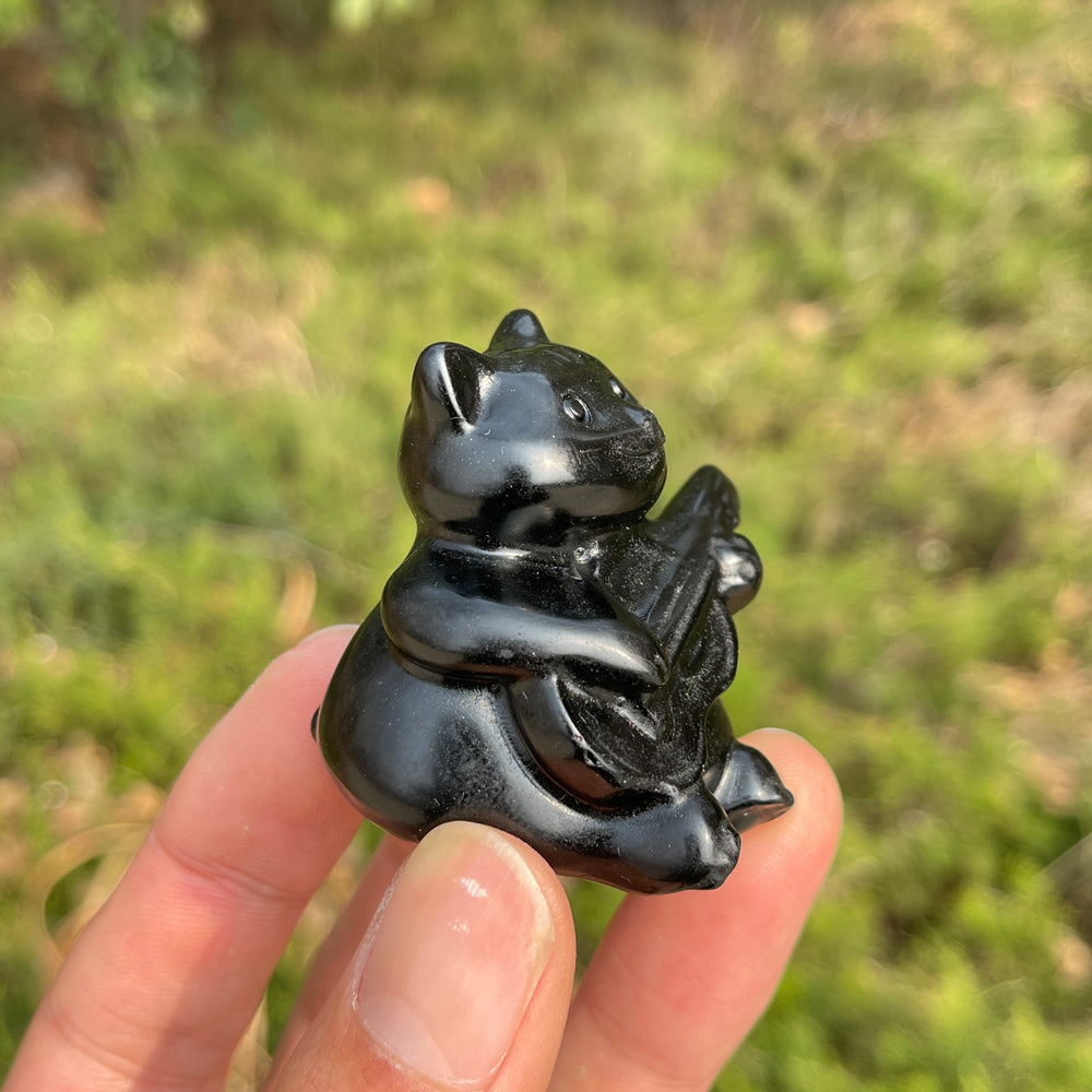 Natural Crystal Carved Black Obsidian Guitar Cat