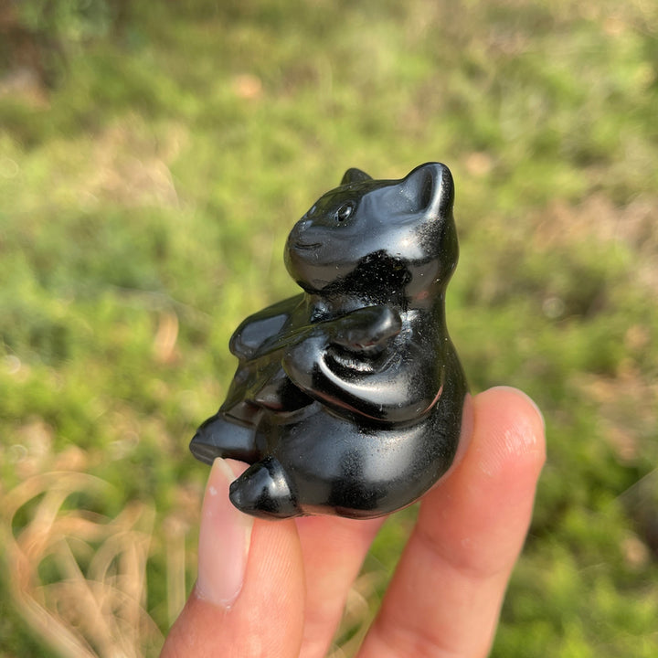 Natural Crystal Carved Black Obsidian Guitar Cat