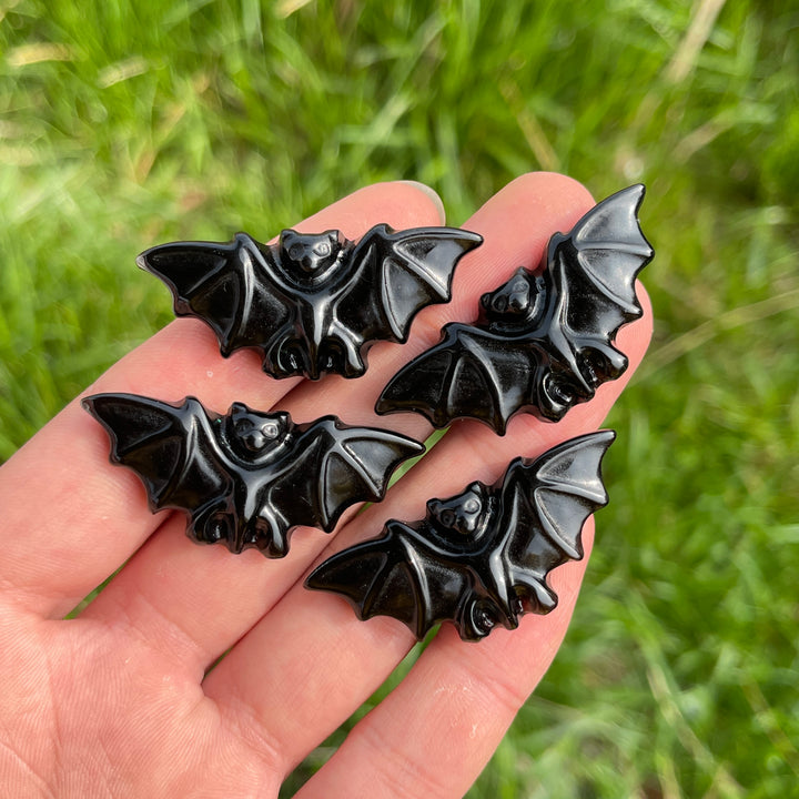 Natural Crystal Black Obsidian Carved Bat
