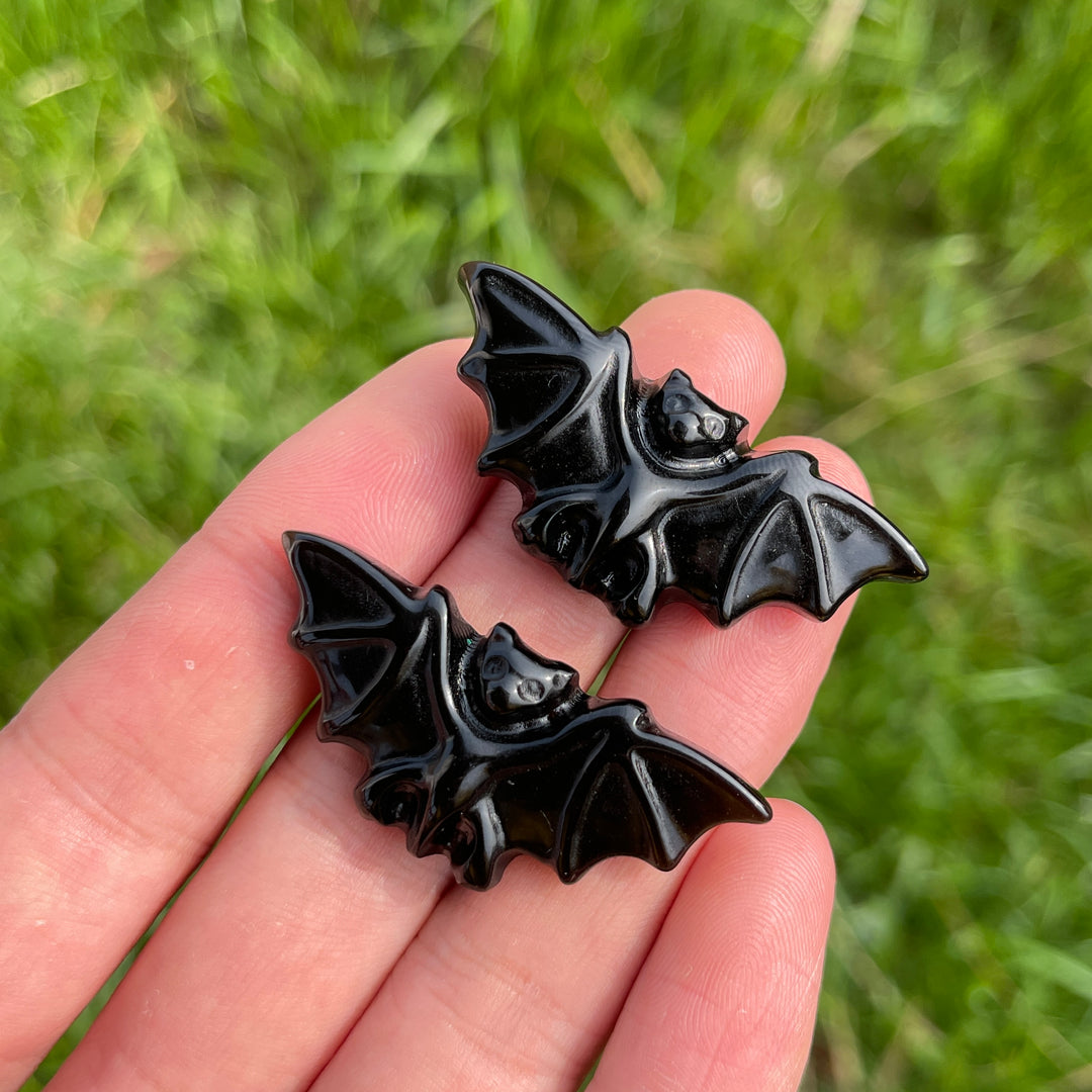 Natural Crystal Black Obsidian Carved Bat