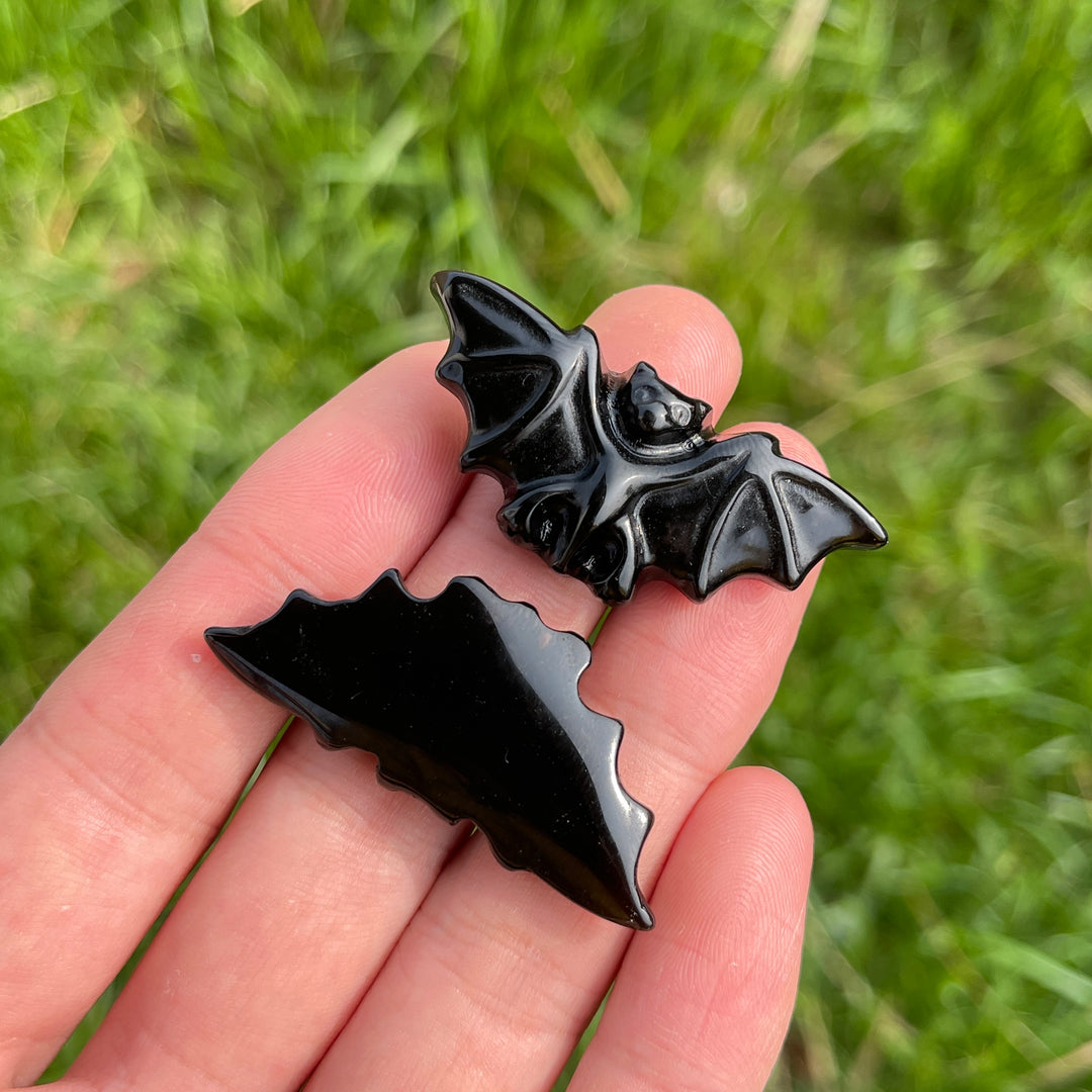 Natural Crystal Black Obsidian Carved Bat