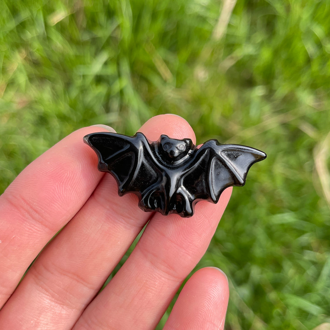 Natural Crystal Black Obsidian Carved Bat