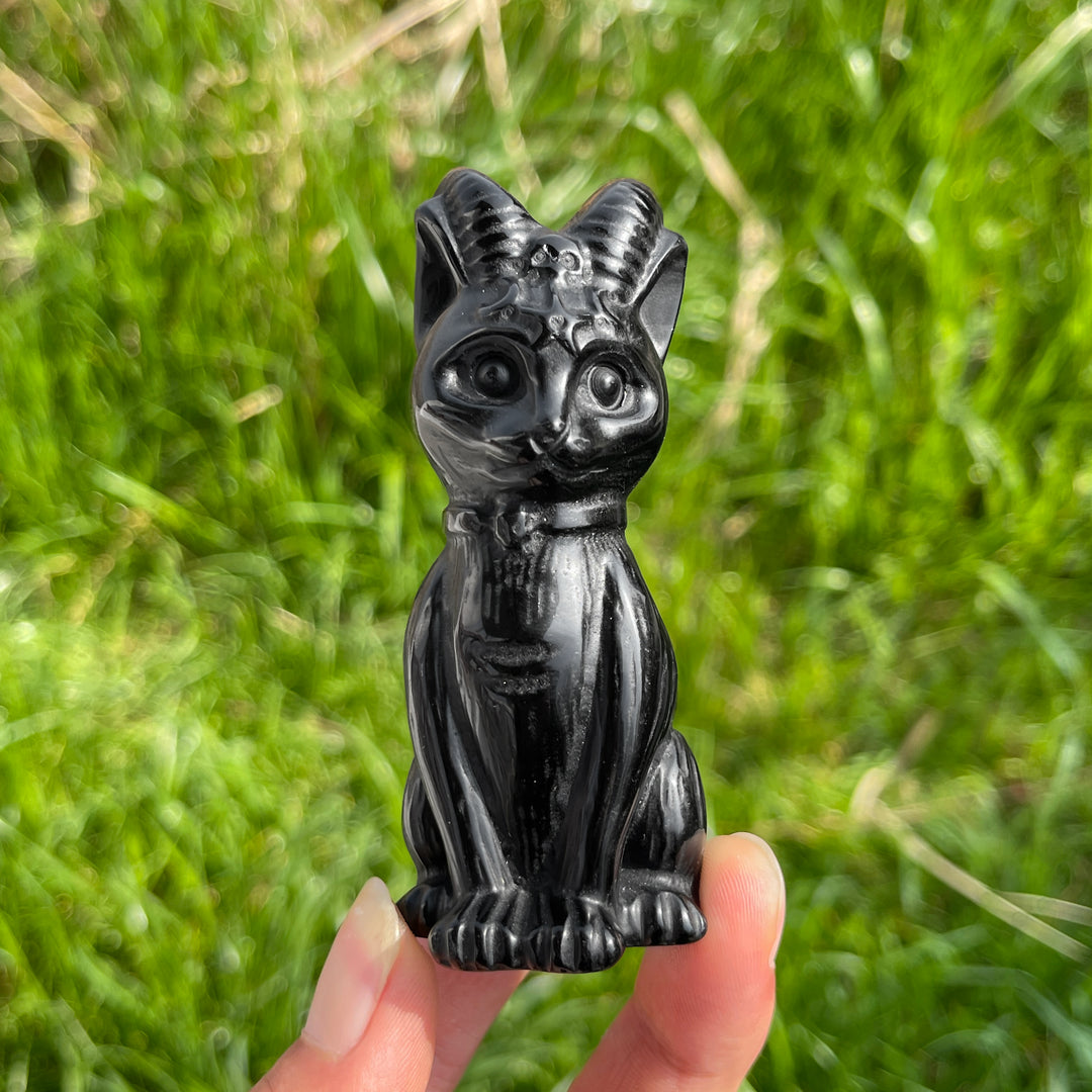 Natural Crystal Black Obsidian Horned Cat