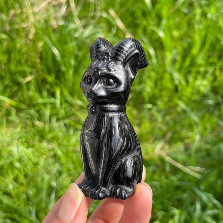 Natural Crystal Black Obsidian Horned Cat