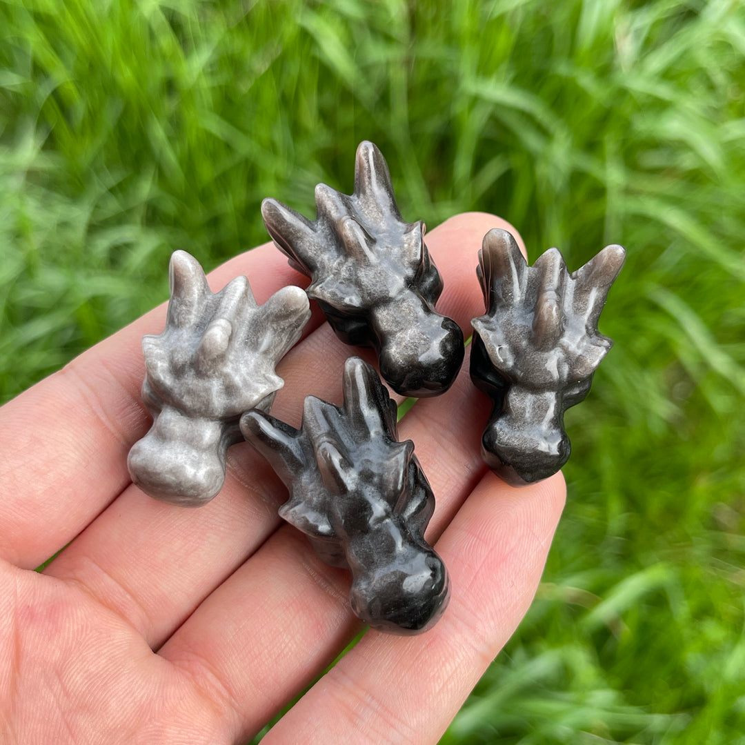 Natural Crystal Silver Obsidian Carved Dragon Head