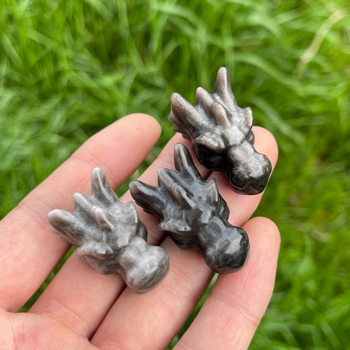Natural Crystal Silver Obsidian Carved Dragon Head