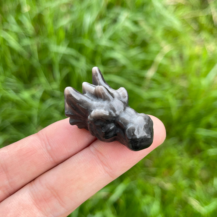 Natural Crystal Silver Obsidian Carved Dragon Head