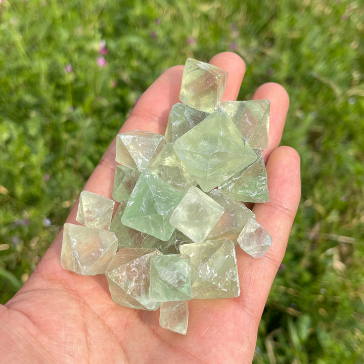 A Slightly Imperfect Natural Green Fluorite Octahedron Crystal