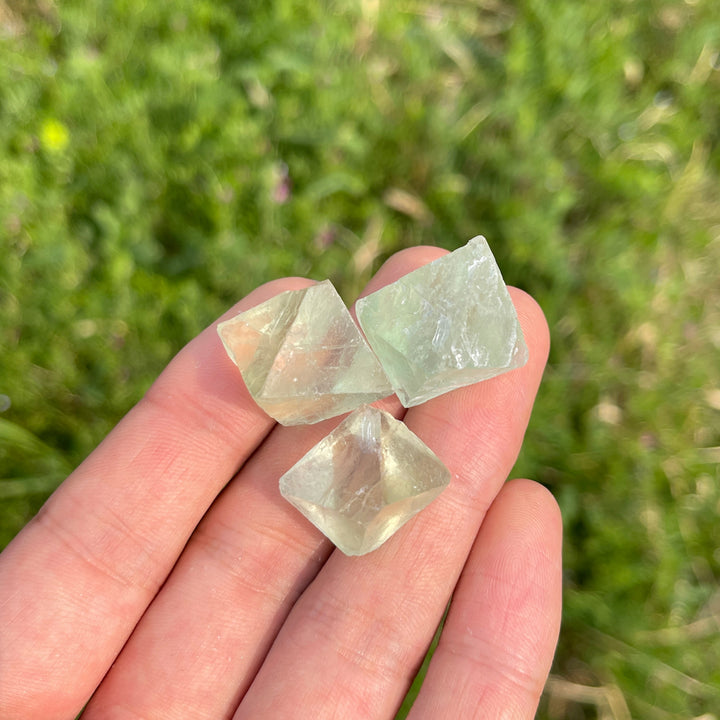 A Slightly Imperfect Natural Green Fluorite Octahedron Crystal