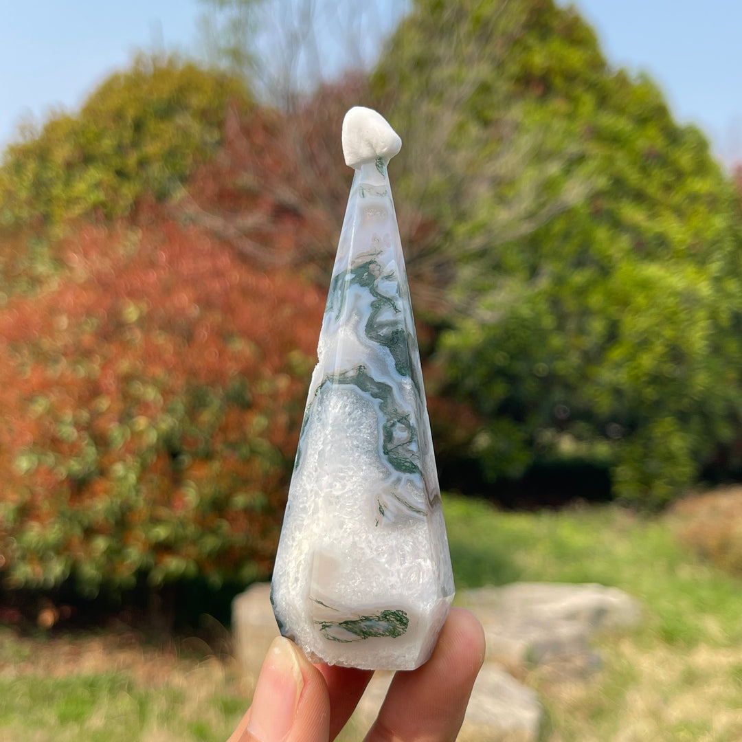 Unique,Natural Moss Agate Diamond Tower Crystal