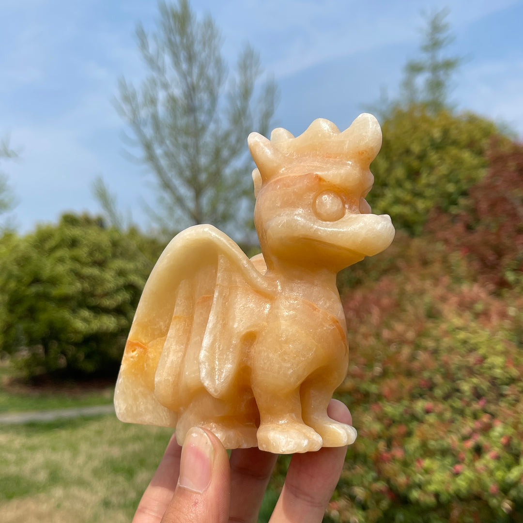 Natural Yellow Calcite Crystal Flying Dragon Carving