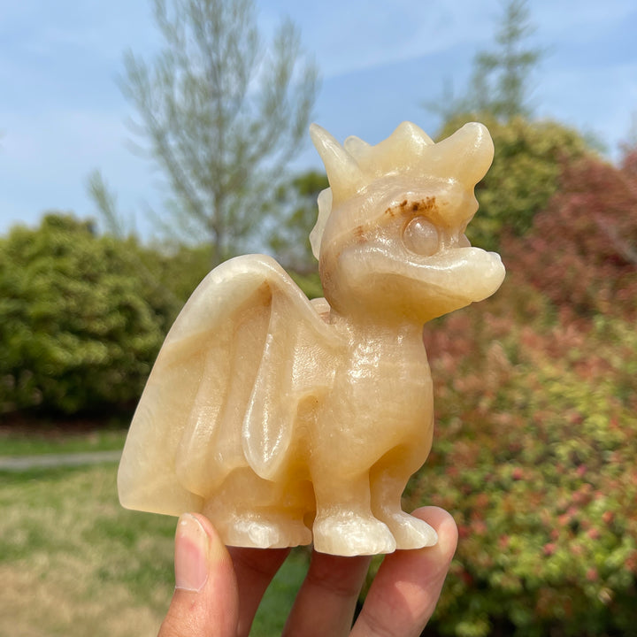 Natural Yellow Calcite Crystal Flying Dragon Carving