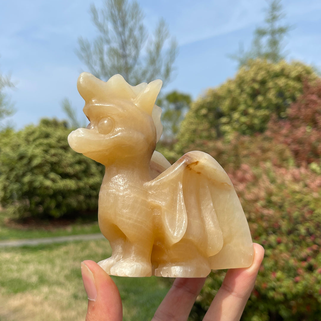 Natural Yellow Calcite Crystal Flying Dragon Carving