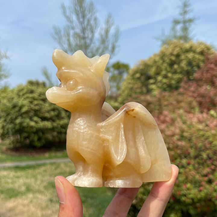 Natural Yellow Calcite Crystal Flying Dragon Carving