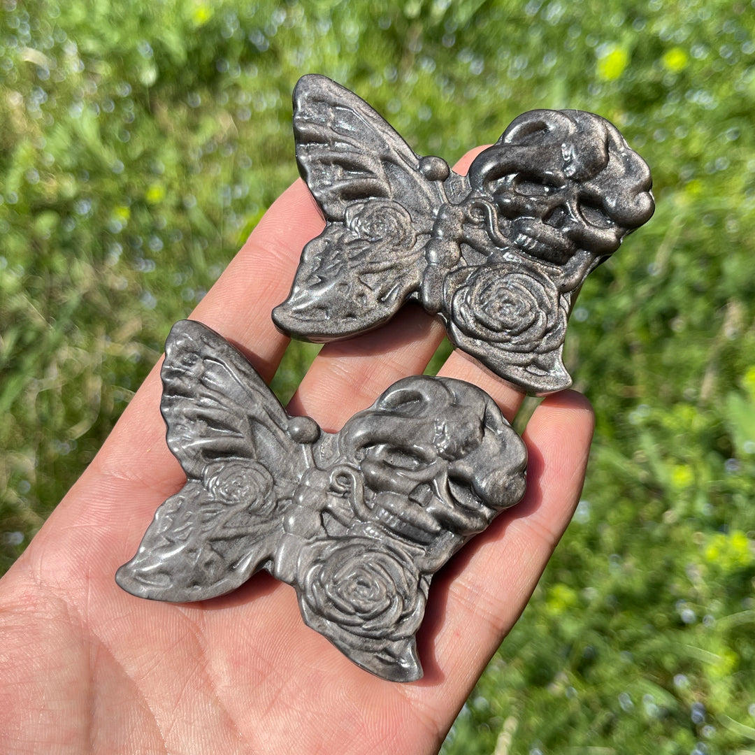 Natural Silver Obsidian Carved Skull Butterfly