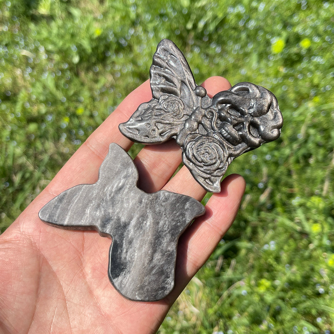 Natural Silver Obsidian Carved Skull Butterfly