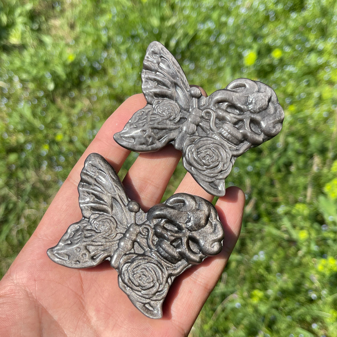 Natural Silver Obsidian Carved Skull Butterfly