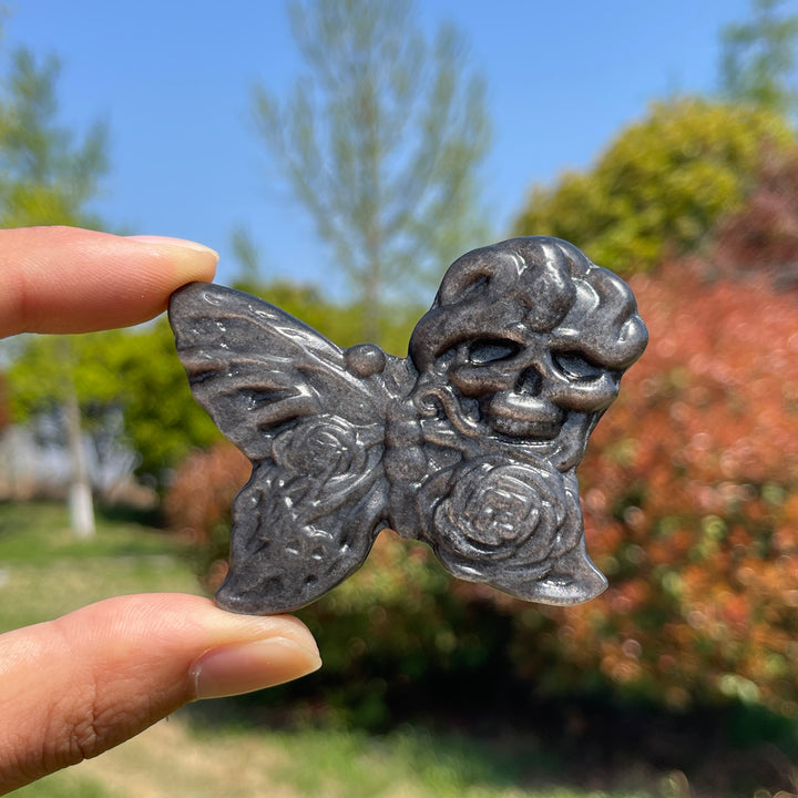 Natural Silver Obsidian Carved Skull Butterfly