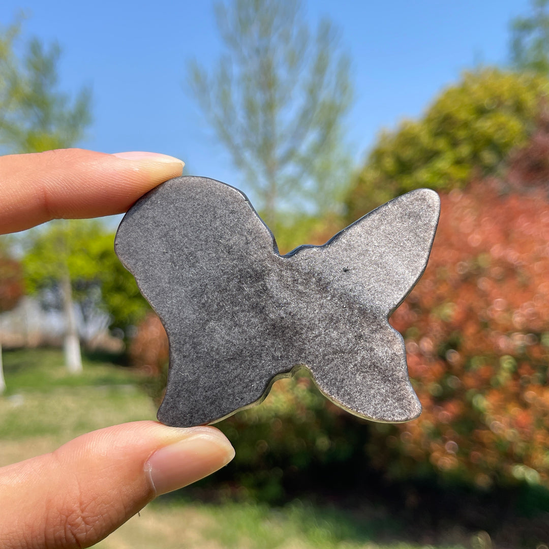 Natural Silver Obsidian Carved Skull Butterfly
