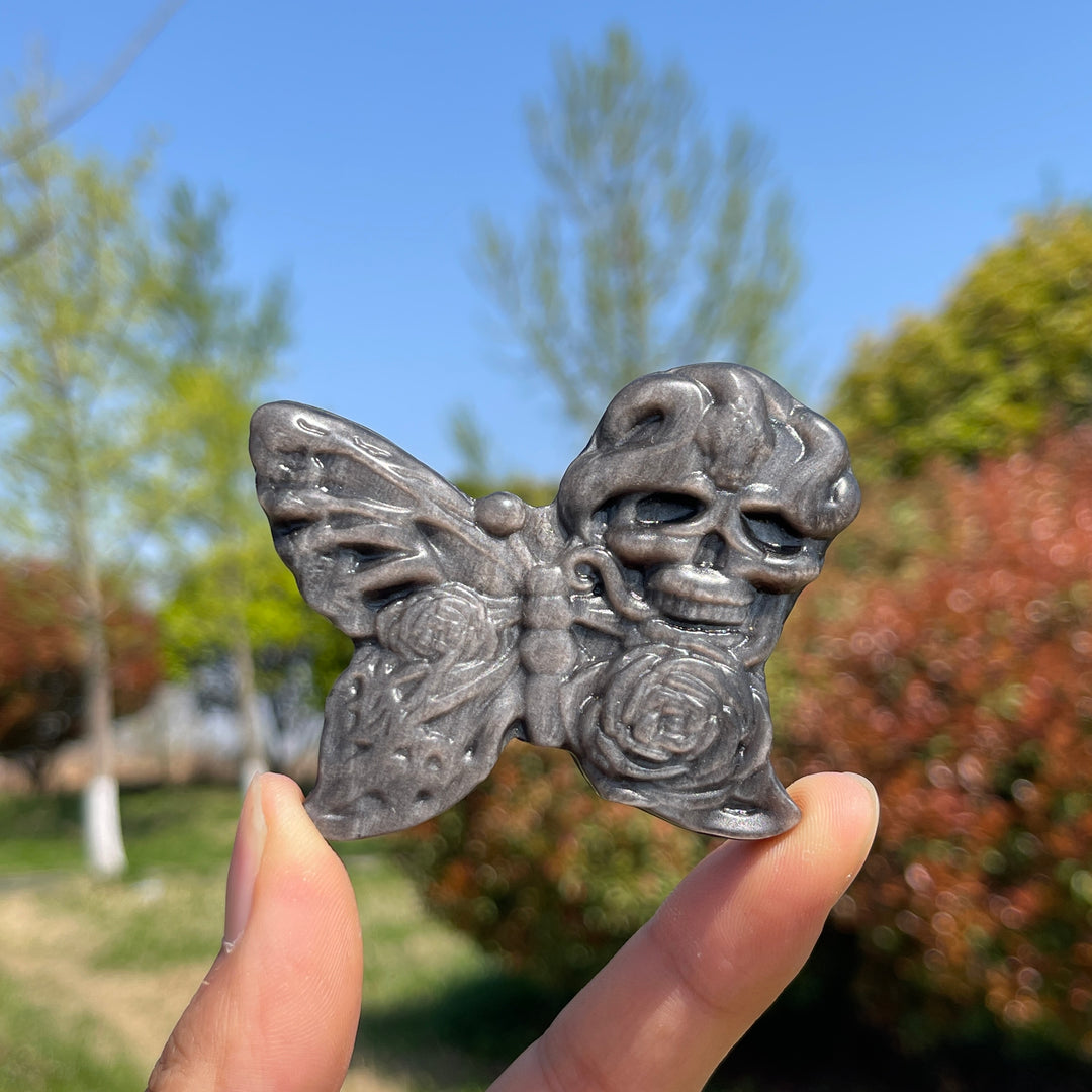 Natural Silver Obsidian Carved Skull Butterfly