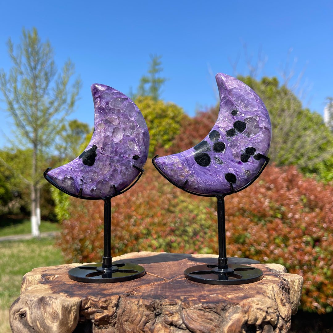 Unique,Natural Charoite Carved Moon With Stand