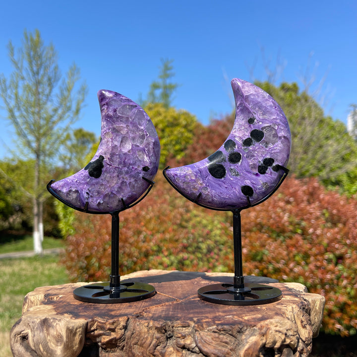Unique,Natural Charoite Carved Moon With Stand