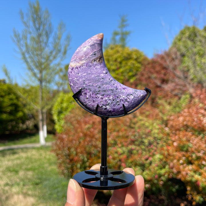 Unique,Natural Charoite Carved Moon With Stand