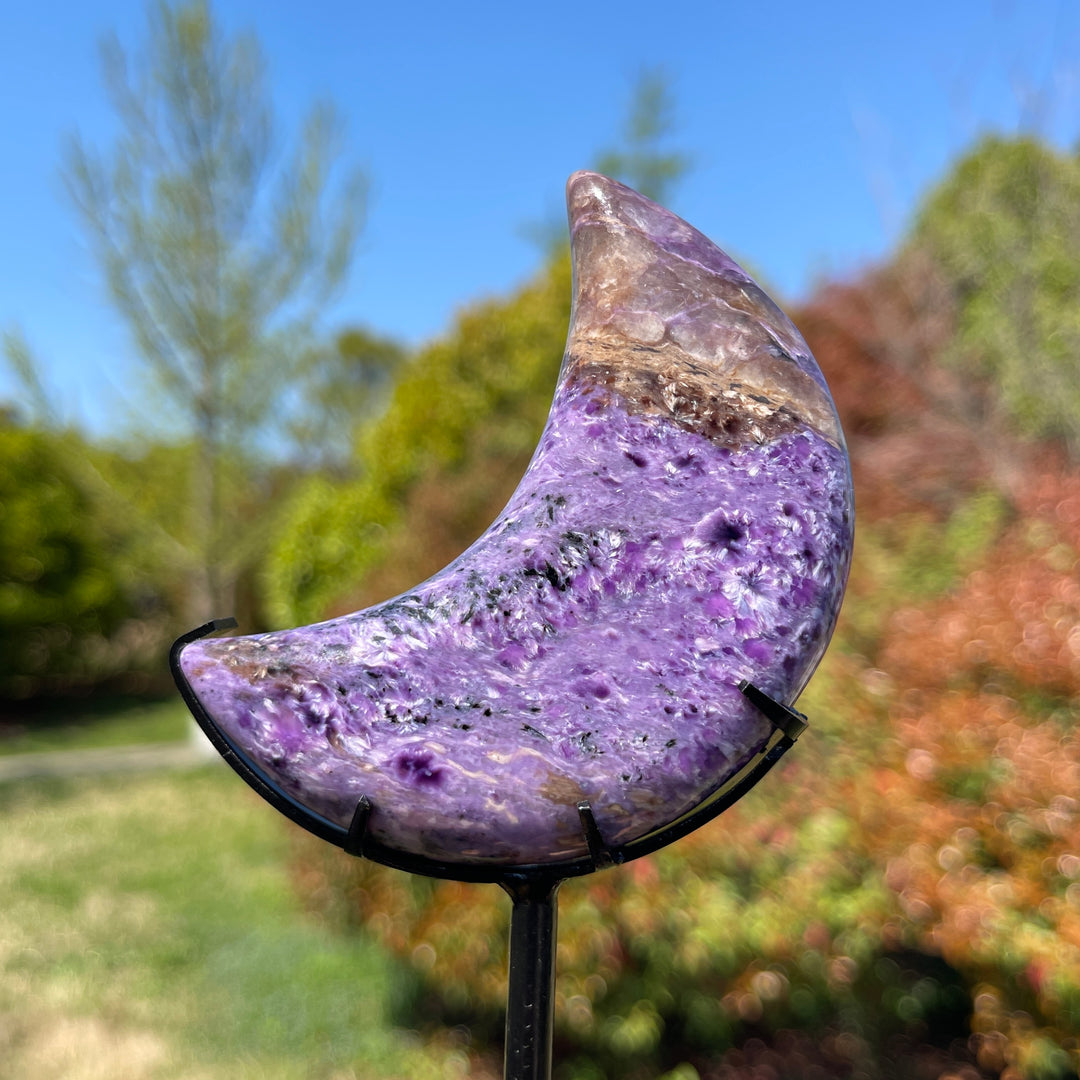 Unique,Natural Charoite Carved Moon With Stand