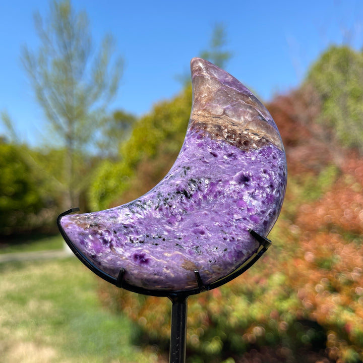 Unique,Natural Charoite Carved Moon With Stand