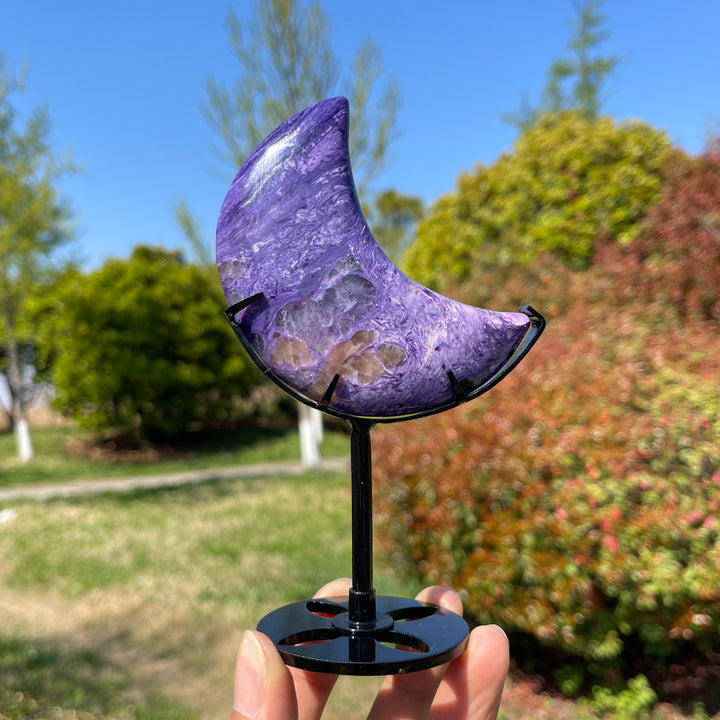 Unique,Natural Charoite Carved Moon With Stand