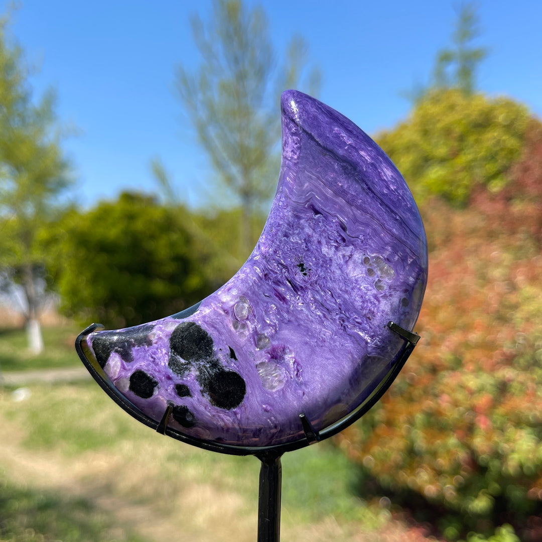 Unique,Natural Charoite Carved Moon With Stand