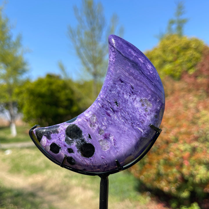 Unique,Natural Charoite Carved Moon With Stand