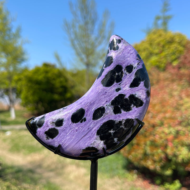 Unique,Natural Charoite Carved Moon With Stand