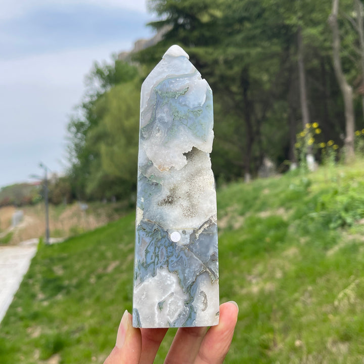 Unique,A Slightly Imperfect Crystal Natural Moss Agate Point