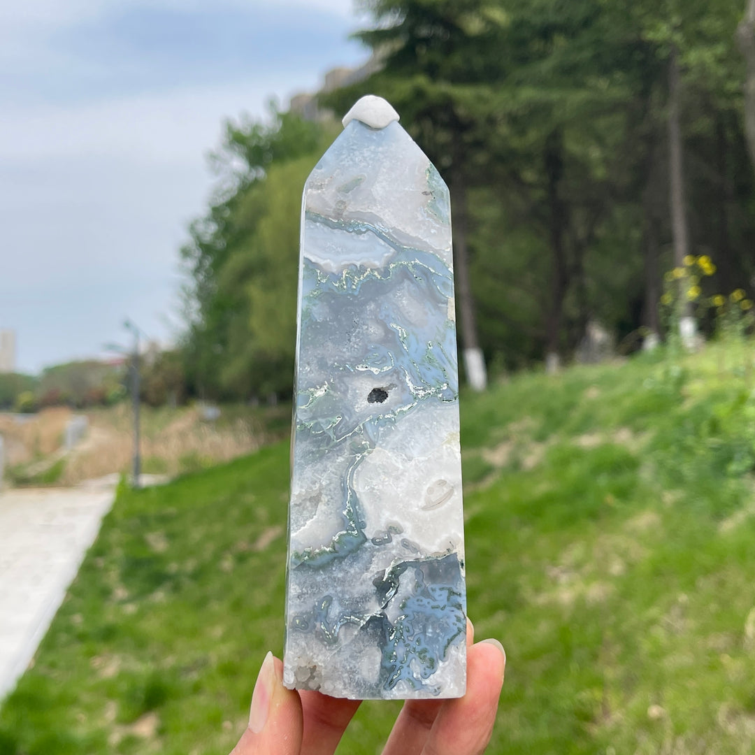 Unique,A Slightly Imperfect Crystal Natural Moss Agate Point