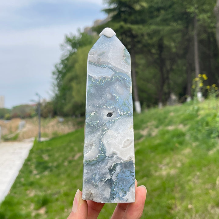 Unique,A Slightly Imperfect Crystal Natural Moss Agate Point