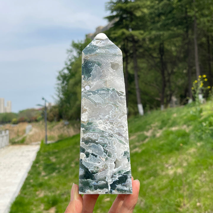 Unique,A Slightly Imperfect Crystal Natural Moss Agate Point