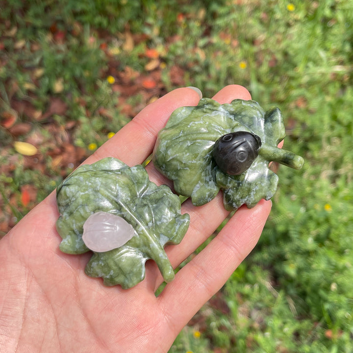 Natural Crystal Ladybug On Leaf Carving