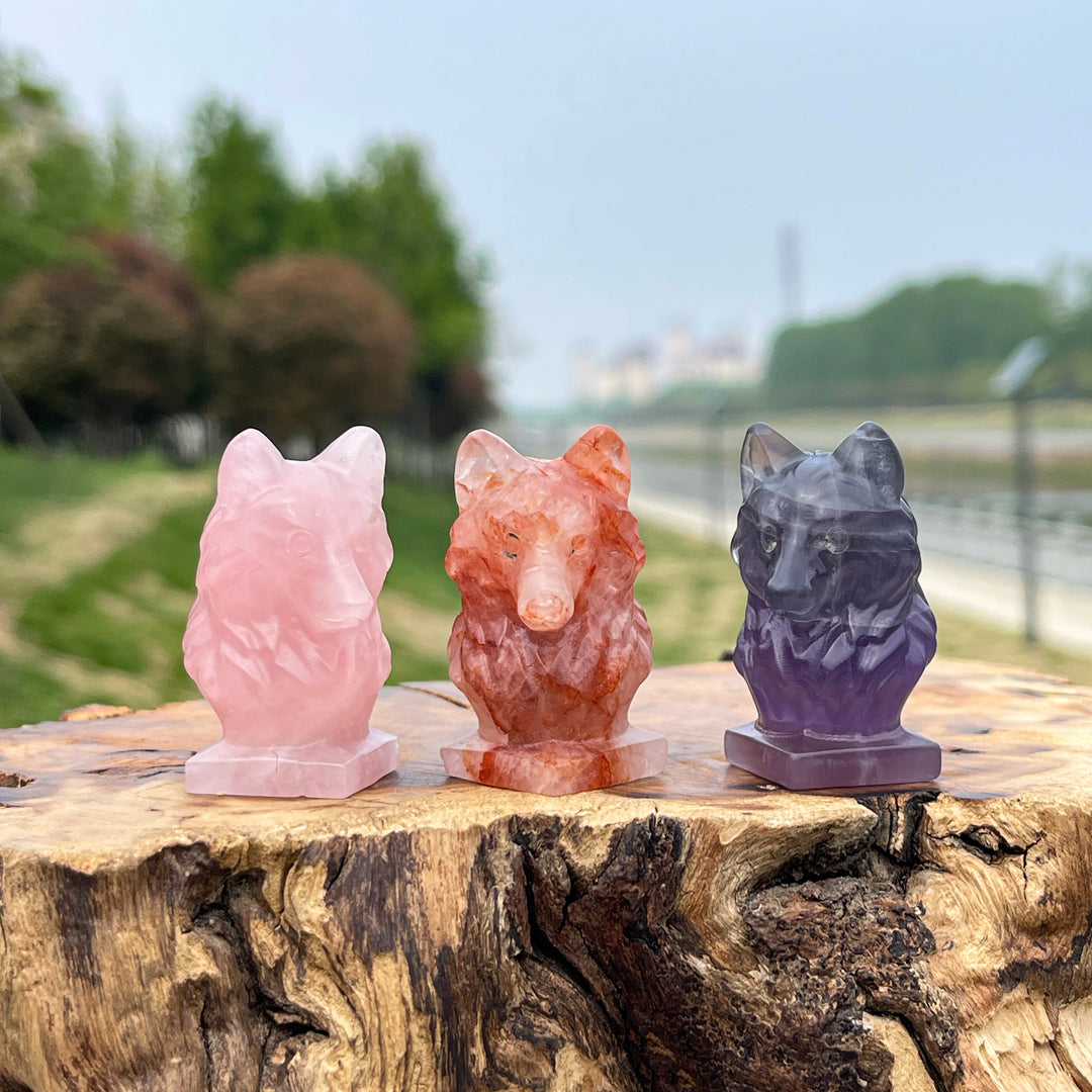 Natural Crystal Wolf Head Carving