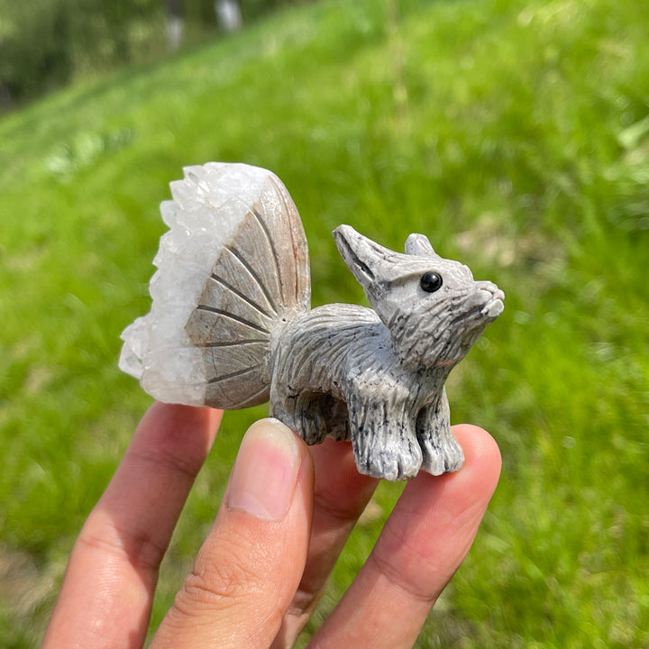 Natural Crystal Cluster Nine-Tailed Fox Carving