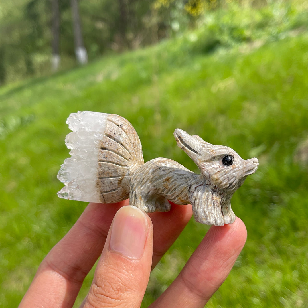 Natural Crystal Cluster Nine-Tailed Fox Carving